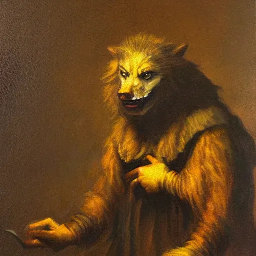 Prompt: Werewolf, oil on canvas in the style of Rembrandt