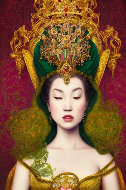 Prompt: a beautiful empress portrait, with a brilliant, impossible striking shiny big emerald headpiece, emerald robes, Alice in wonderland, rococo, baroque, jewels, asian, realistic, closeup, D&D, fantasy, intricate, elegant, highly detailed, digital painting, symmetrical, artstation, octane render, 8k, concept art, matte, sharp focus, illustration, art by Artgerm and Greg Rutkowski and Alphonse Mucha