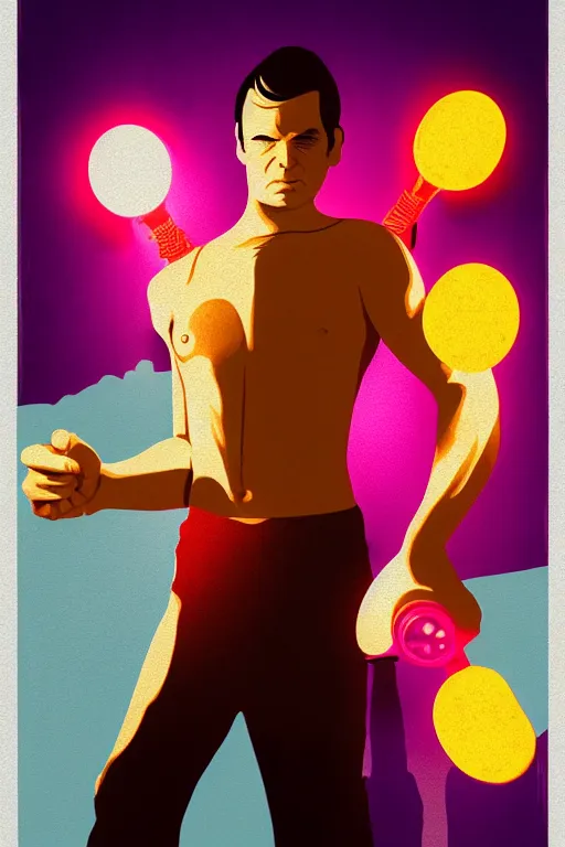 Prompt: boy with singlet and towel on shoulder. grand theft auto chinatown art city, bioshock art style pop art, no duplicate image, glowing lights, ultra details, digital painting, artstation, concept art, smooth, sharp focus, illustration, intecrate details, art by richard hamilton and mimmo rottela, pixels art by paul robertson