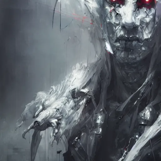 Image similar to a humanoid cyberpunk white dragon wearing a white mage robe by melmoth zdzislaw belsinki craig mullins yoji shinkawa realistic render ominous detailed photo atmospheric by jeremy mann francis bacon and agnes cecile ink drips paint smears digital cyberpunk, realistic anime, dramatic lighting, red light, red highlights