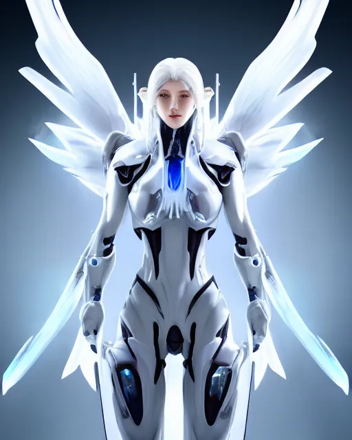 Image similar to perfect white haired attractive alien being with huge white dove wings, warframe armor, beautiful, symmetric, dreamy, half asian, pretty face, blue eyes, detailed, scifi platform, laboratory, experiment, 4 k, ultra realistic, epic lighting, android body, illuminated, cinematic, masterpiece, art by akihito tsukushi, voidstar