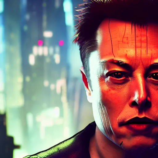 Prompt: cyberpunk elon musk, macro, vibrant, 30mm photography, realistic artstyle, wide shot, dramatic lighting, octane render, hyperrealistic, high quality, highly detailed, artstation, HD, beautiful, cinematic, 8k, unreal engine, facial accuracy, symmetrical