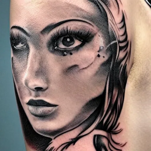 Image similar to tattoo design of a beautiful girl next face to a beautiful mountain scenery, hyper realistic