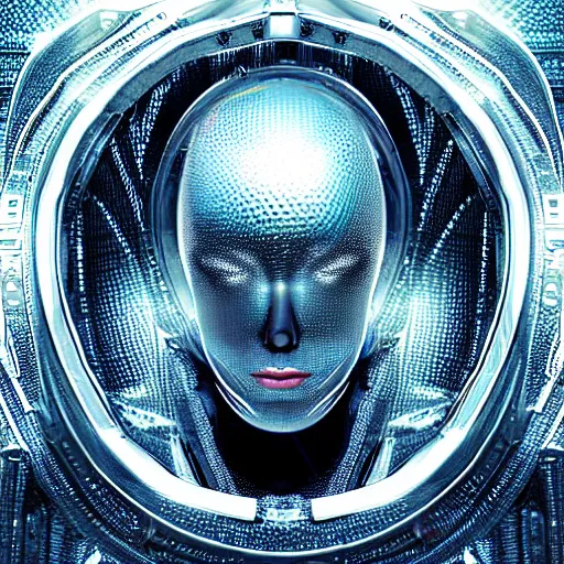 Image similar to an insanely detailed cibernetic artwork of a futuristic artificial intelligence superstar, extremely detailed water texture, centered image, perfectly symmetrical alien face, with frames made of detailed fractals, octane render, 4k, insanely detailed, detailed grid as background, photorealistic digital art, cgi