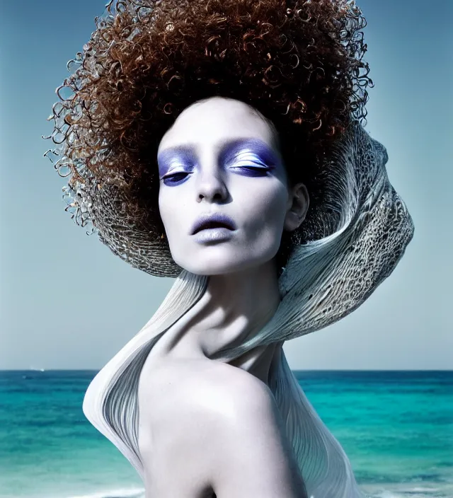 Image similar to photography face portrait of one stunning woman in white beach ocean, wearing one organic futurist shawl designed by iris van herpen,, creative colorfull - makeup, curly hair style halflong, photography by paolo roversi nick knight, helmut newton, avedon, and araki, sky forest background, natural pose, highly detailed, skin grain detail