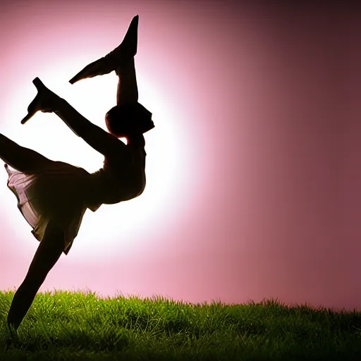 Image similar to an origami girl doing acrobatic contemporary dance, dramatic lighting, with bokeh effect in a sunny meadow