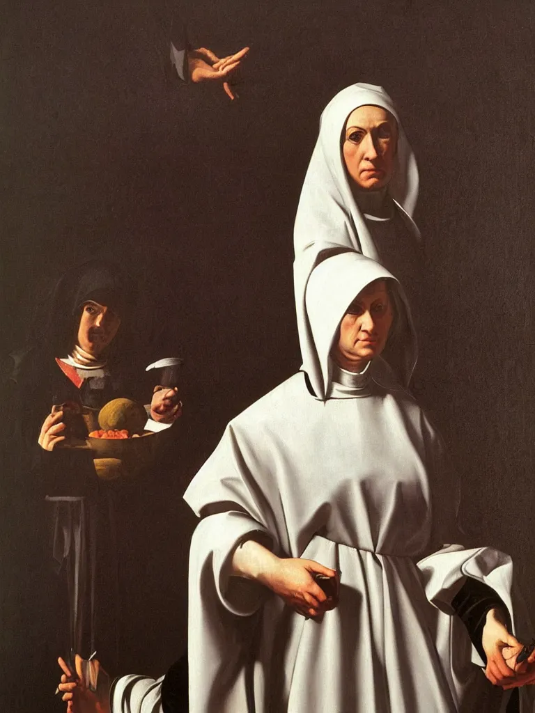 Image similar to a very detailed oil painting of the nun sainte claire wearing clarise habit, beautiful landscape background, half body, by caravaggio