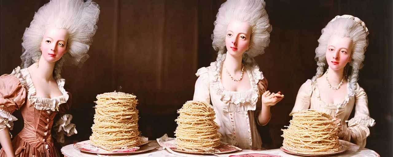 Image similar to marie antoinette in front of a cake made of spaghetti, high detailed face canon 5 0 mm, super detailed face, facial expression, cinematic lighting, photography, retro, film, kodachrome