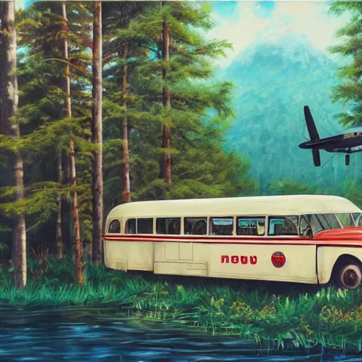 Image similar to a [ 5 0 s bus with airplane wings ] floats above a forest and lake, [ oil painting ]!!, trending on cgsociety, 4 k