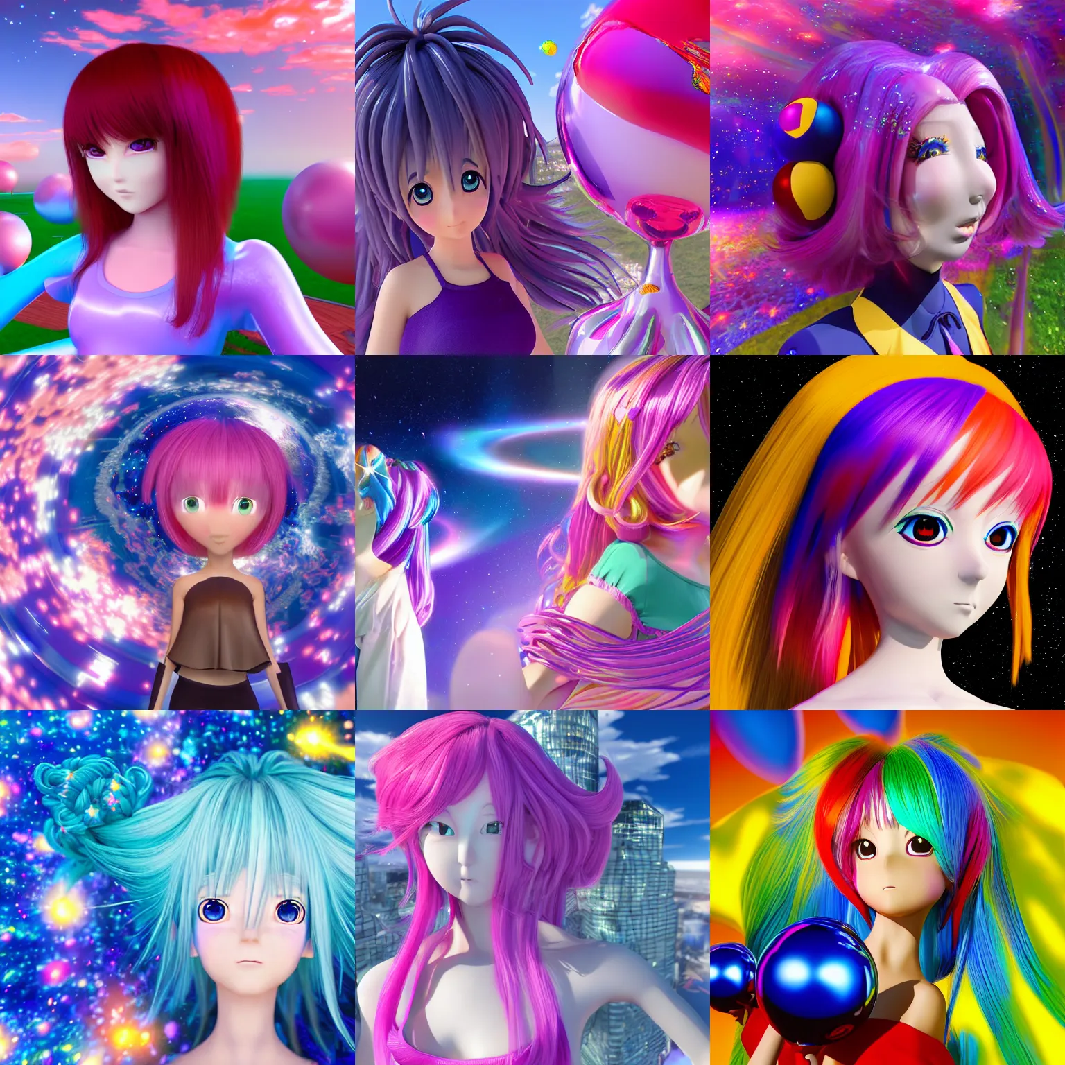 Prompt: Anime girl with cosmic hair, magical, Megapixel, Ray Tracing Global Illumination, by Jeff Koons