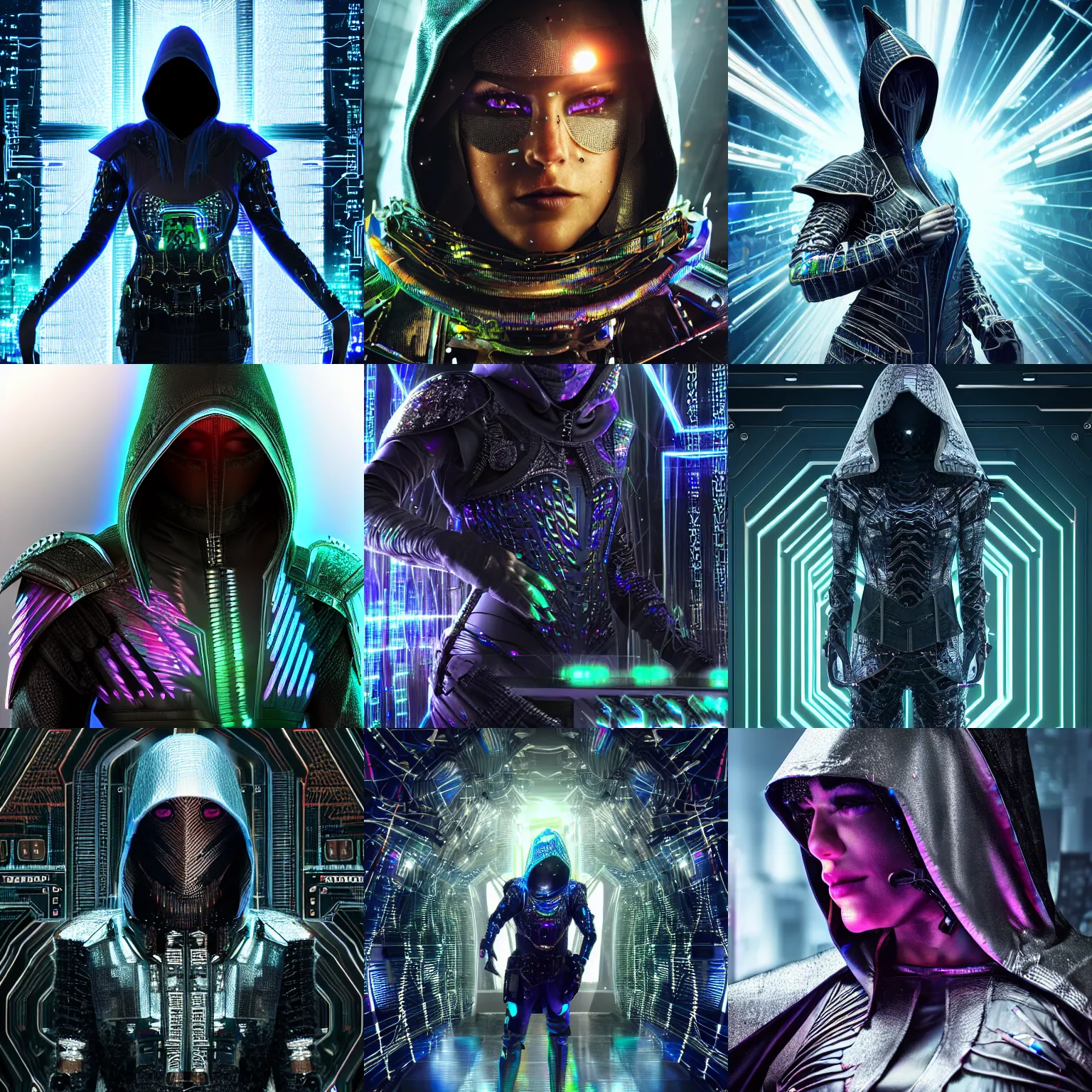 Prompt: Sharp realistic render of a dark hooded powerful elegant elite assassin wearing iridescent armor coated in complex circuitry and motherboards and microchips (extremely detailed, iridescent, high quality, epic, futuristic, octane render, beautiful, shimmering, deity, megastructure background)