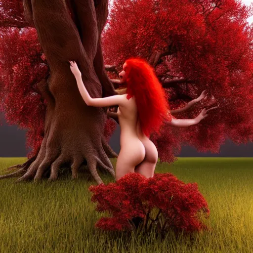 Prompt: a beautiful dryad with red hair, branches coming from her back, high quality, octane render