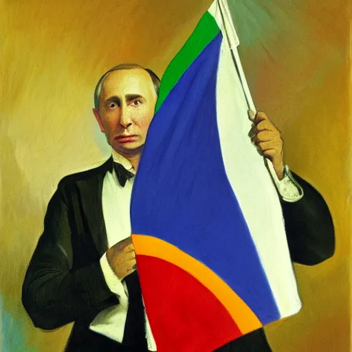 Prompt: painting of Vladimir Putin holding gay pride flag, John Singer Sargent style