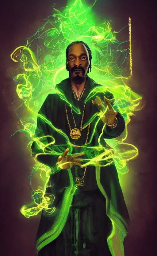 Image similar to snoop dogg as doctor strange, long shadow, green colors, marijuana leaves, marijuana, by greg rutkowski, artstation