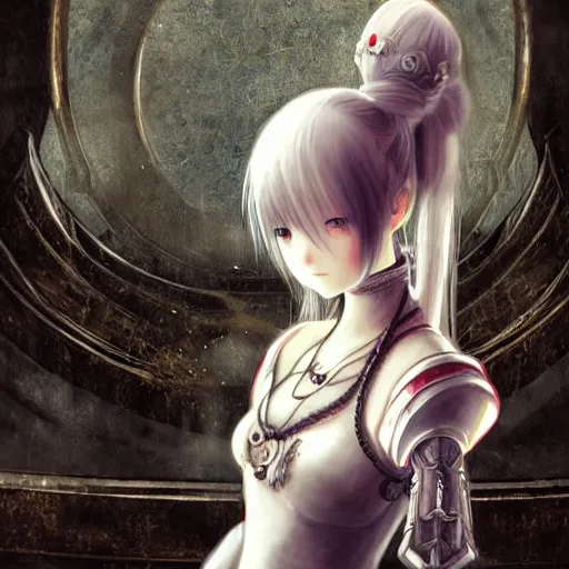 Image similar to renaissance oil portrait, blurry and dreamy yoshitaka amano style illustration, realistic anime girl with white hair and black eyes, elden ringstyle armor with engraving, highly detailed, ruined throne room in the background, strange camera angle, three - quarter view, noisy film grain effect