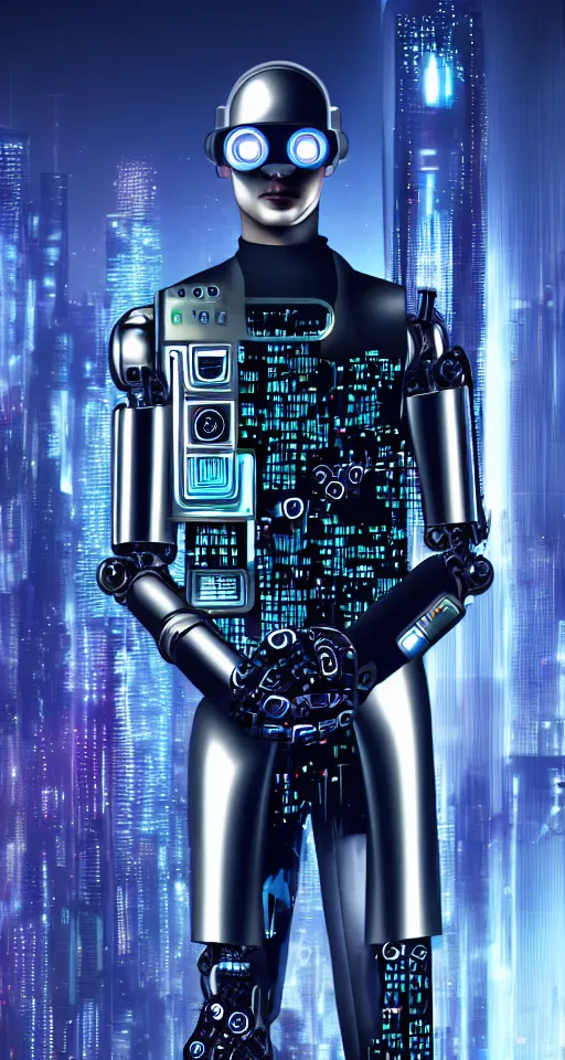 Prompt: cyberpunk man portrait, robotic, metallic, steel, shiny, cyberpunk city background, cosmic, by Anne Stokes, 8K DoP