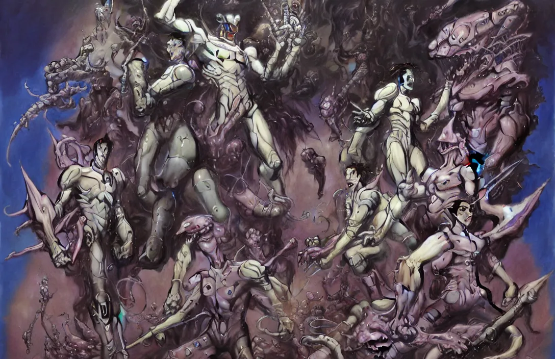 Prompt: voltron in the style of wayne barlowe, gustav moreau, peter mohrbacher, bussiere, roberto ferri, santiago caruso, luis ricardo falero, austin osman spare, boris vallejo, hajime sorayama, frazetta