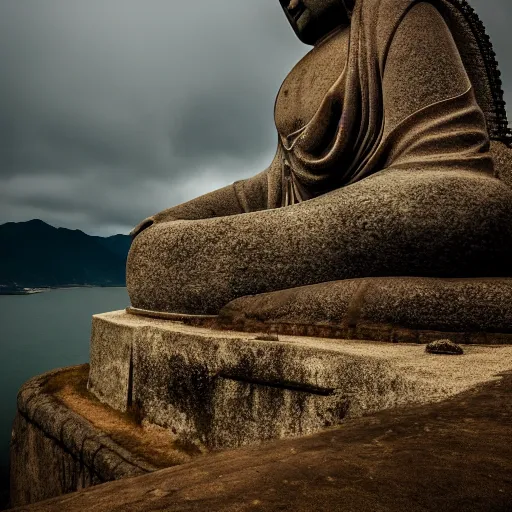 Image similar to huge stone buddha statue on a cliff, rule of thirds, 8 k, moody, water, intense color, highly detailed, dream landscape, wide, cinematic, hyperrealistic, stone, old ruins,