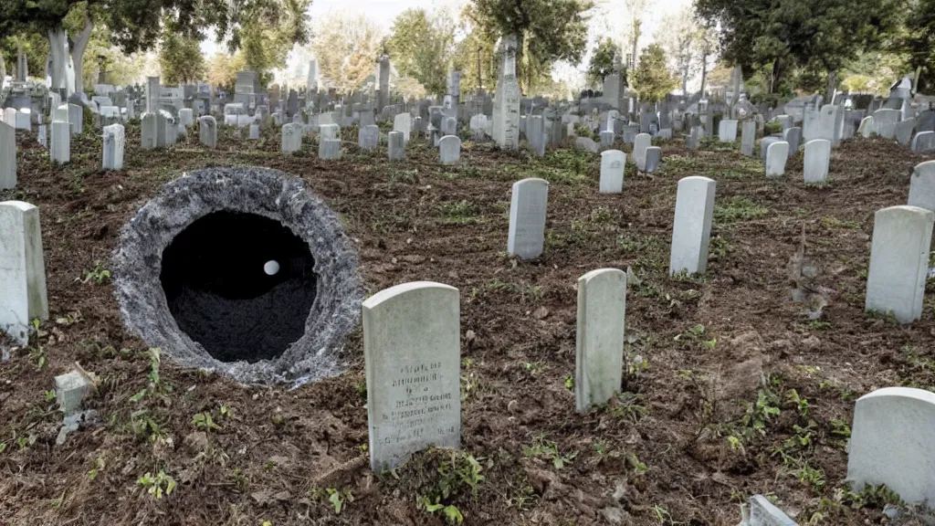 Prompt: a black hole inside a grave at a cemetery, professional photograph, sharp focus