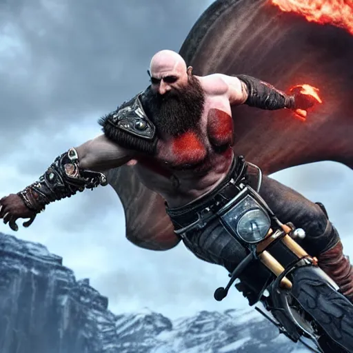 Image similar to kratos, with leviathan axe, jumping a black harley - davidson motorcycle off a cliff, cinematic render, playstation studios official media, god of war 2 0 1 8, flames