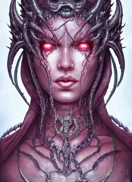 Image similar to a hyper detailed face portrait of the queen of blades, diablo 4 lilith, by yusuke murata, by hiroya oku, by dorian cleavenger, by tom bagshaw, by zdzisław beksinski, trending on artstation