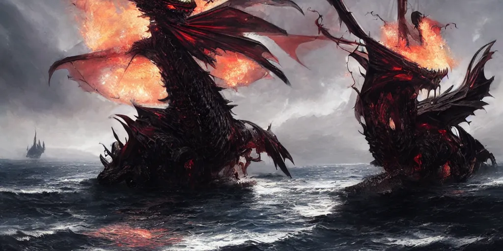 Image similar to A vicious black dragon breathes flames on a Spanish Galleon concept art by Greg Rutkowski,