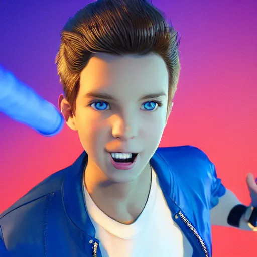 Prompt: a handsome young man with sandy brown hair and blue eyes singing into a neon blue microphone headset posing on stage. dynamic pose. line of action. concert. cinematic lighting. medium shot photorealistic. hyper realism. ray tracing hdr. intricate detailed masterpiece. by bouguereau and shigenori soejima. lifelike.