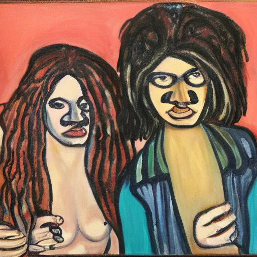 Prompt: two ravers at the club painted by Alice Neel