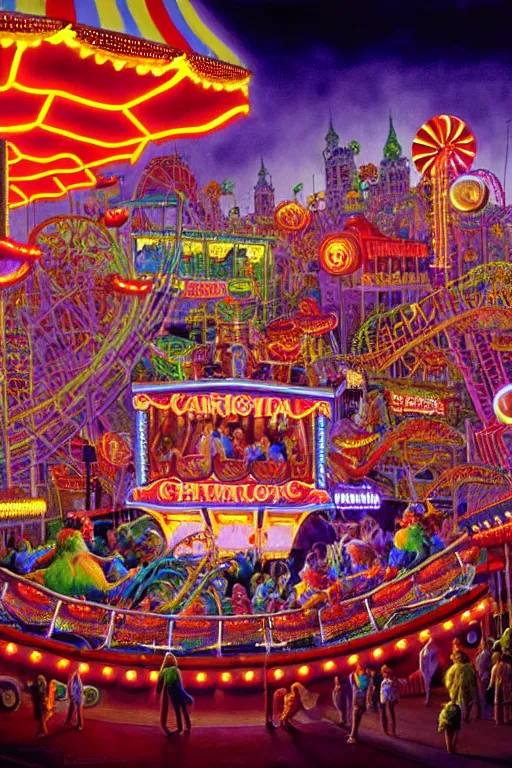 Image similar to a hyperrealistic detailed painting of an ornate carnival in town with rides, glowing lights, colorful, chimeric horror creatures riding a rollercoaster. cinematic lighting, depth perspective, depth of field, cinematic angle, by chris cunningham and richard corben, highly detailed, vivid color,