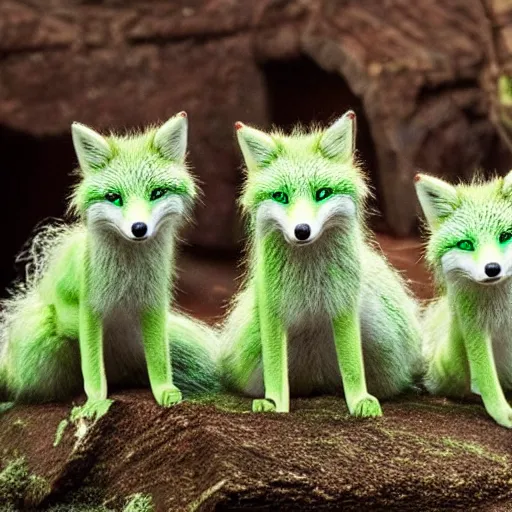 Prompt: A fanatsy world photo of a smiling green fox giving birth to three youngsters, 4k