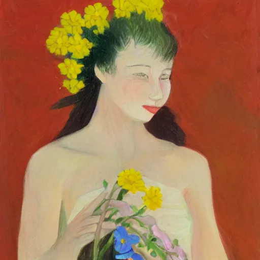 Image similar to woman with flowers, by Michael Johnson