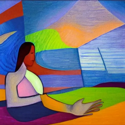 Prompt: woman weaves the colors, sounds and dreams of her community while listening to the river, abstract art in the style of cubism and georgia o keefe,