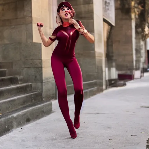 Image similar to run burgundy in a skin tight cat woman outfit