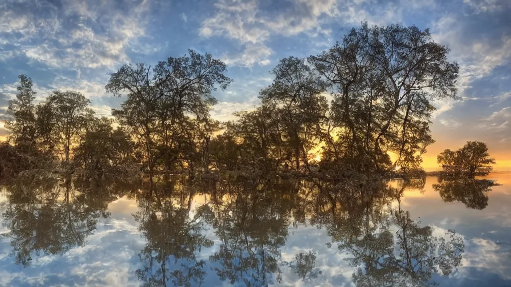 Image similar to tranquil mesmerizing calm lake at sunset detailed, 8k, mesmerizing, low saturation, high resolution