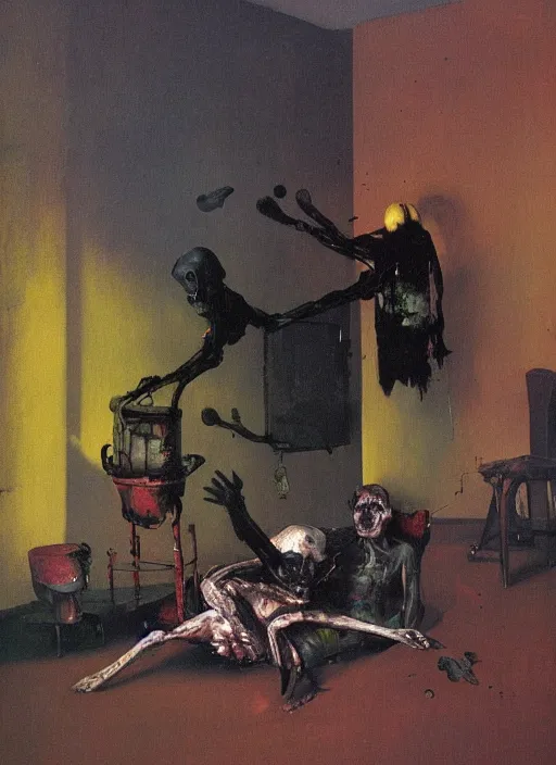 Image similar to two dark figures laughing and a black dog inside a decayed contemporary living room with large oxygen tank in the style of Francis Bacon and Zdzislaw Beksinski, Edward Hopper and Norman Rockwell, highly detailed, very coherent, triadic color scheme