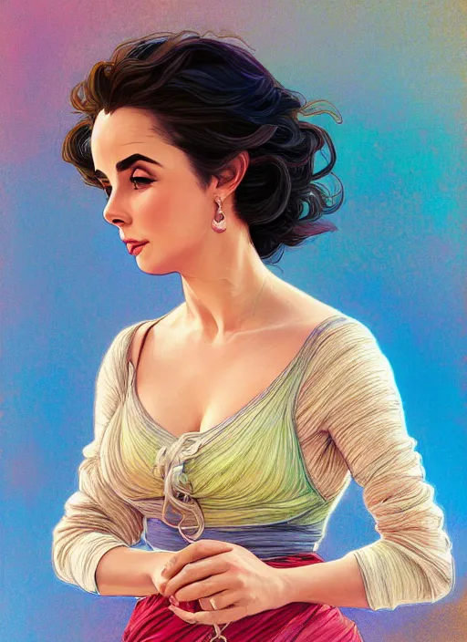 Image similar to elizabeth taylor detailed clothing, half body shot, arms down, path traced, highly detailed, high quality, digital painting, alena aenami, lilia alvarado, shinji aramaki, karol bak, alphonse mucha, tom bagshaw