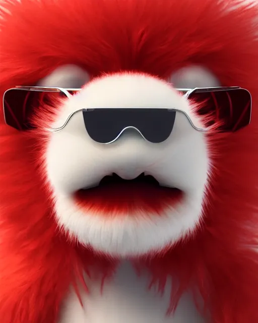 Image similar to 3 d render of completely red hairy friendly creature wearing chrome shades, full body, simple, cute, white background, unreal engine 5 hdr