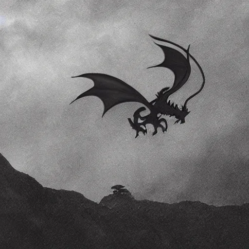 Prompt: a dragon made of black smoke flying over Hobbits