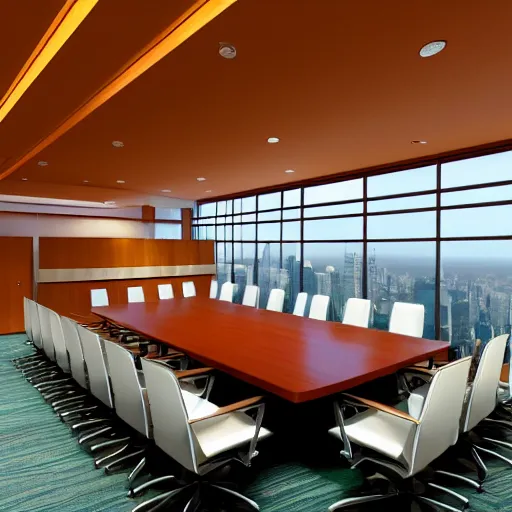 Image similar to corporate conference room interior concept design by frank lloyd wright high quality ultra realistic 8 k