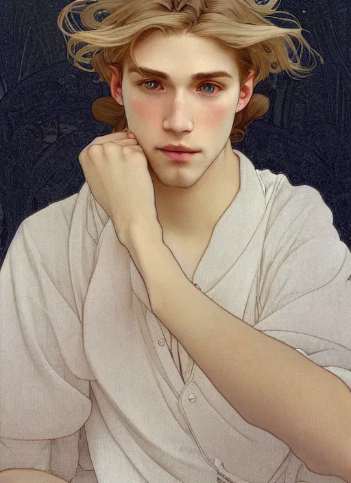 Image similar to pretty young man with shoulder length blond hair, male, half body shot, path traced, highly detailed, high quality, digital painting, by studio ghibli and alphonse mucha, leesha hannigan, hidari, art nouveau, chiho aoshima, jules bastien - lepage