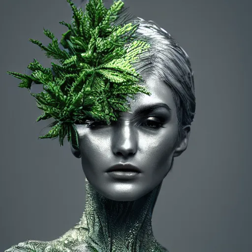 Image similar to a highly detailed digital image of a silver covered elegantly posed futuristic woman beautifully cocooned in green leafy foliage like leaves shot, full body shot, by Andrew Chiampo, artstation, and Frederik Heyman, extremely detailed woman, stunning volumetric lighting, hyper realism, fantasy 4k