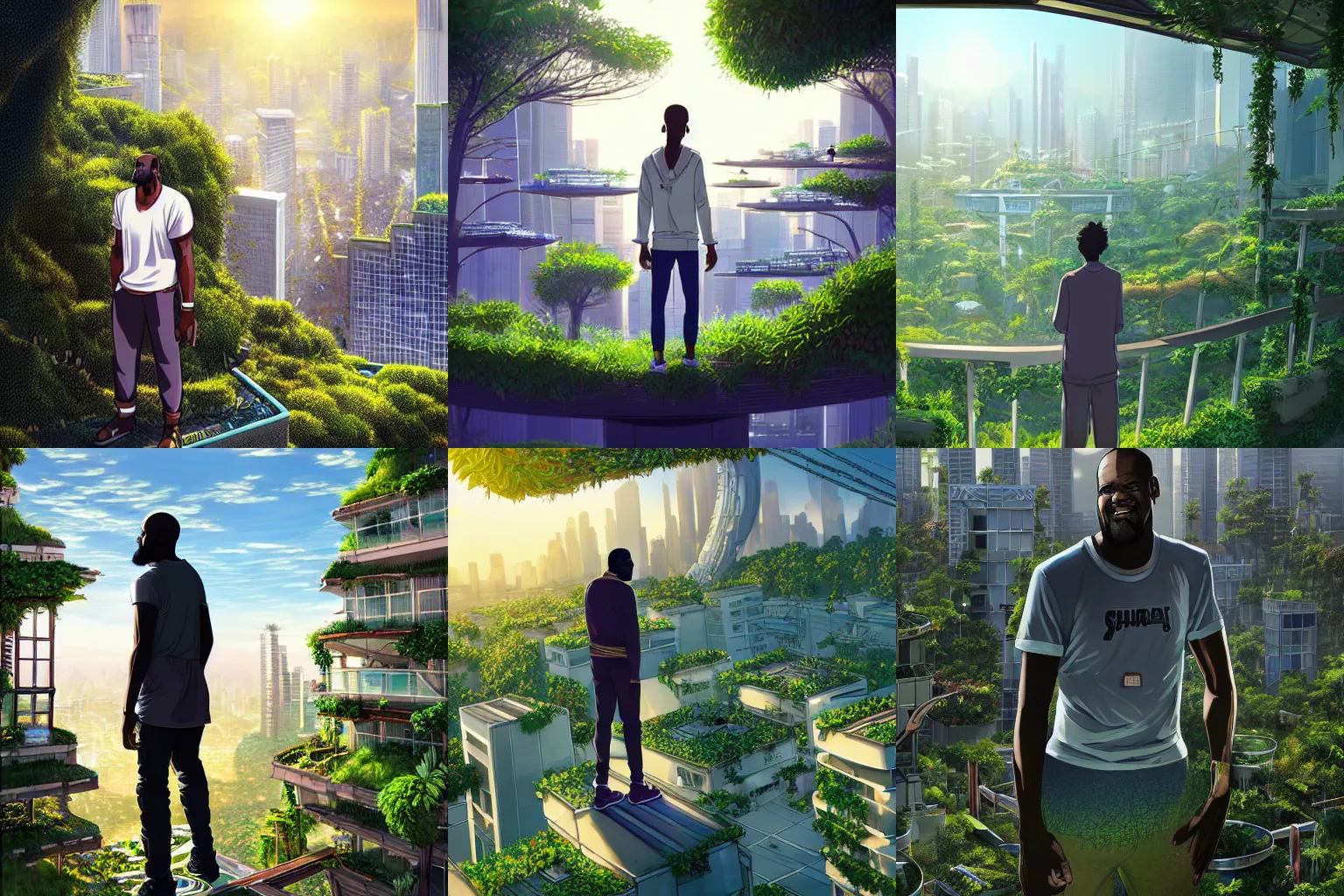 Prompt: highly detailed digital art of shaquille o\'neal standing on an overgrown rooftop looking into the lush solarpunk city below, sunshine, kimi no na wa, trending on artstation, tranquil, by ghibli