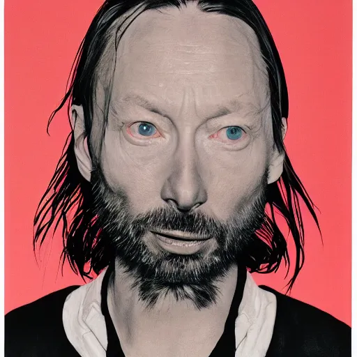 Image similar to old aged Thom Yorke, Radiohead singer Thom Yorke, holding the moon upon a stick, with a beard and a black jacket, a portrait by John E. Berninger, dribble, neo-expressionism, uhd image, studio portrait, 1990s