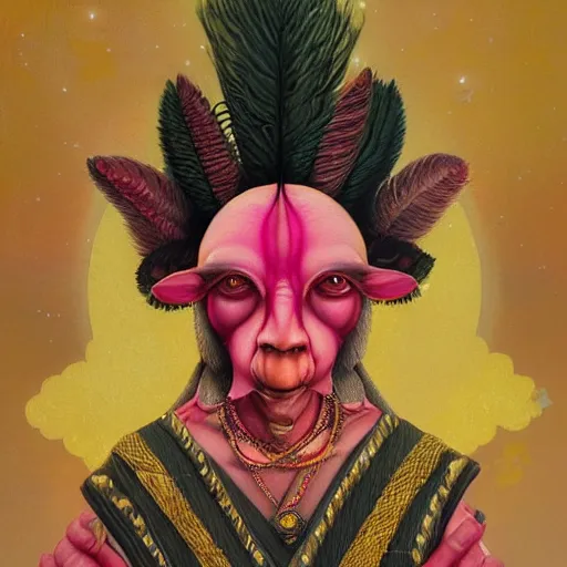 Image similar to wise old Indian guru, multiple arms, large ears, pink and gold , by Anato Finnstark, Tom Bagshaw, Brom