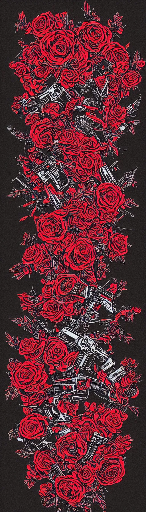 Prompt: guns and roses on a crimson and black background, intricate illustration