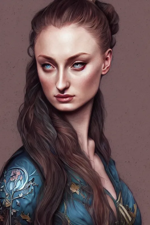 Image similar to Sophie Turner with a ponytail, anatomy, cute, fantasy, intricate, elegant, highly detailed, digital painting, 4k, HDR, concept art, smooth, sharp focus, illustration, art by artgerm and H R Giger and alphonse mucha