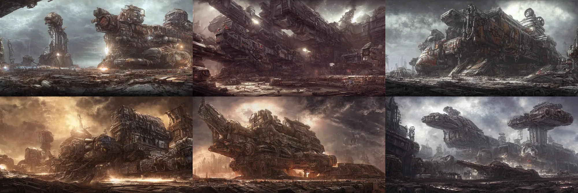 Prompt: A beautiful highly detailed matte painting of a huge derelict cargo starship, Space Hulk, WarHammer 40k by Jose Daniel Cabrera Pena and Leonid Kozienko, concept art H 1024