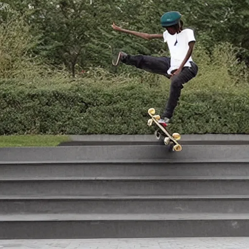 Image similar to Harriet Tubman skateboarding, doing a kickflip over stairs, skate video