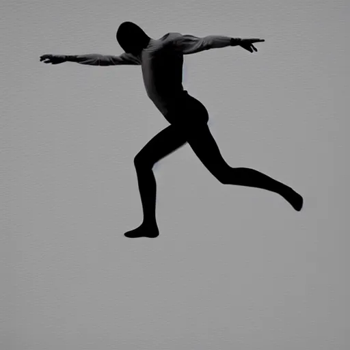 Prompt: a simple white human figure jumping, casting a soft shadow behind a light background, minimalistic art, beautiful, textured, baroque elements, trending on artstation, minimalism