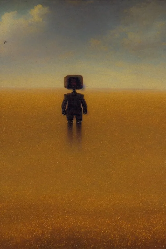 Image similar to the back view of one small robot human on the ground, vast wheat fields, looking at many distant tall buildings far away, by Ivan Aivazovsky, godrays, atmospheric, cinematic, distant world, wide angle, detailed